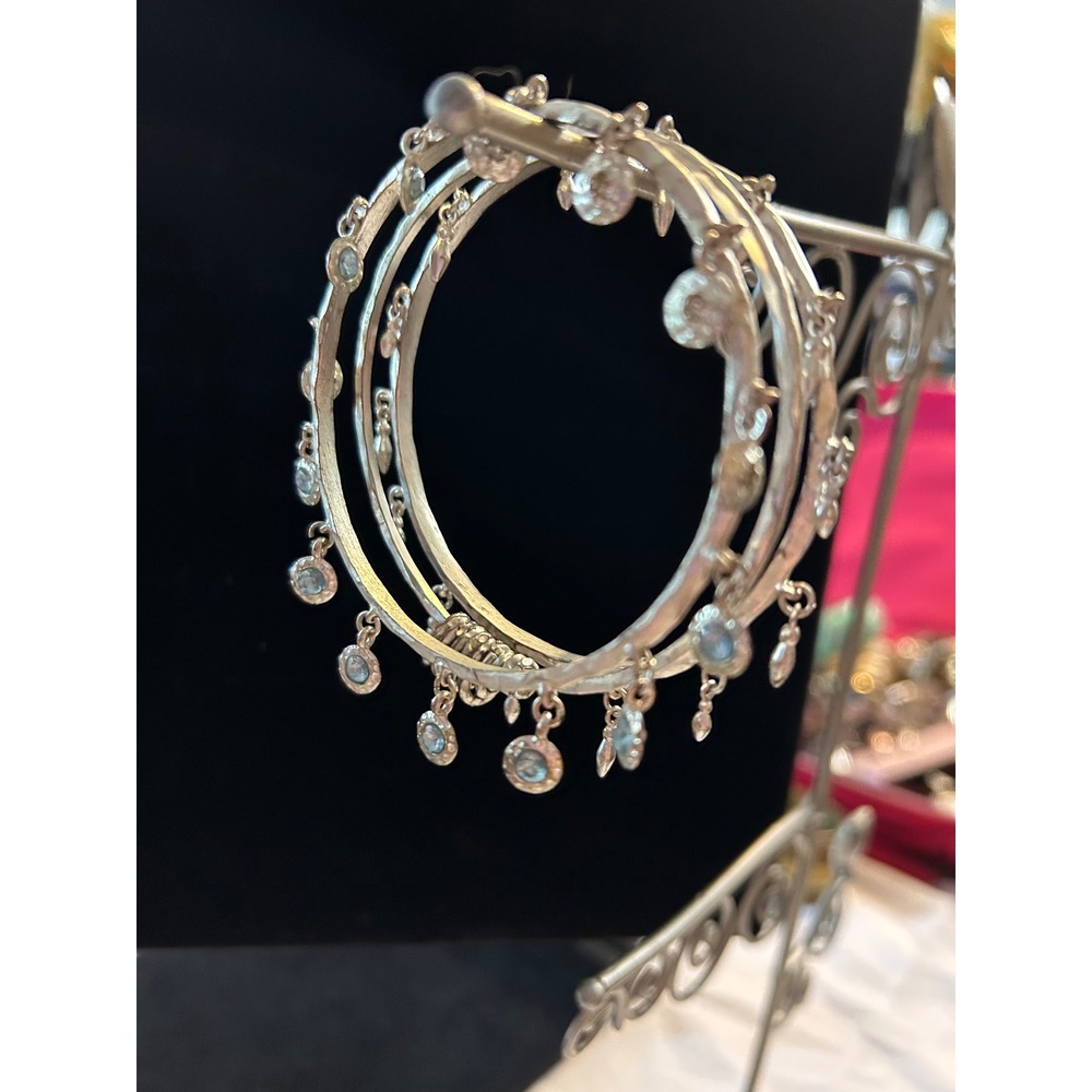 Silver Tone Charm Bangle Set 4 Dangle Rhinestone Boho Gypsy Festival Bracelet
